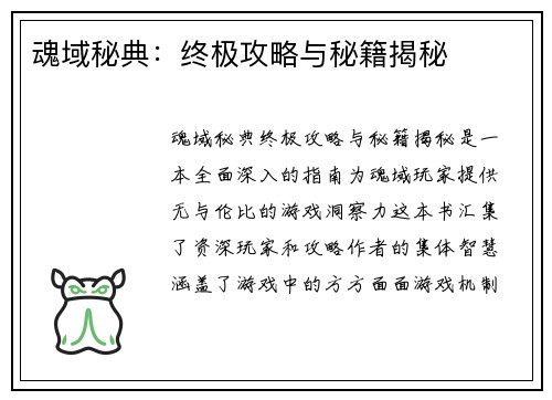 魂域秘典：终极攻略与秘籍揭秘